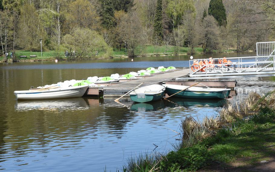 The Peters Alm beer garden overlooks Lake Jaegersburg near Homburg, Germany, April 19, 2022. Boats can be rented to take out on the lake.