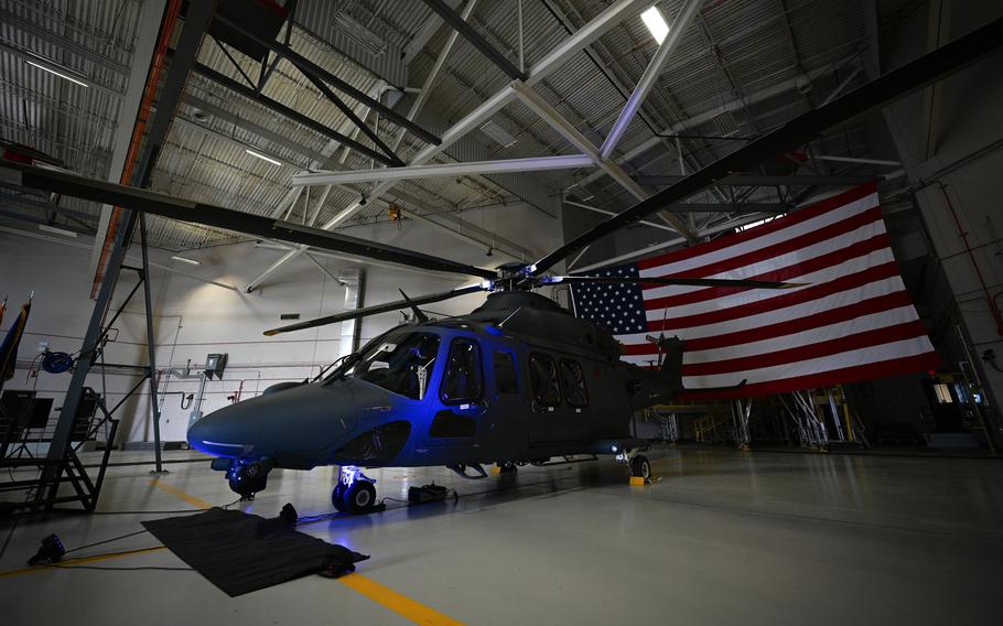 An MH-139A Grey Wolf is displayed in a hangar March 9, 2024, at Malmstrom Air Force Base, Mont. The Grey Wolf, which will replace Malmstrom AFB’s fleet of Vietnam-era UH-1N Hueys, provides the ability to cruise 50% faster and farther than the Huey, while also having a 30% larger cabin and capability to lift 5,000 pounds more. 