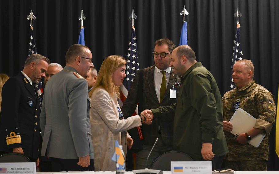 German lawmaker Siemtje Moeller, left, greets Ukrainian Defense Minister Rustem Umerov during the Ukraine Defense Contact Group meeting Sept. 19, 2023, at Ramstein Air Base in Germany. Moeller is attending the talks in place of Defense Minister Boris Pistorius, who announced he is ill with the coronavirus.
