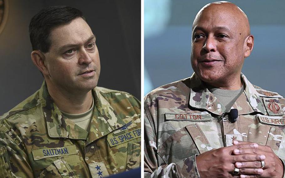 Space Force Lt. Gen. Bradley Saltzman, left, and Air Force Gen. Anthony Cotton. Saltzman and Cotton were confirmed by the Senate on Thursday, Sept. 29, 2022, as commanders of Space Force and U.S. Strategic Command, respectively. 