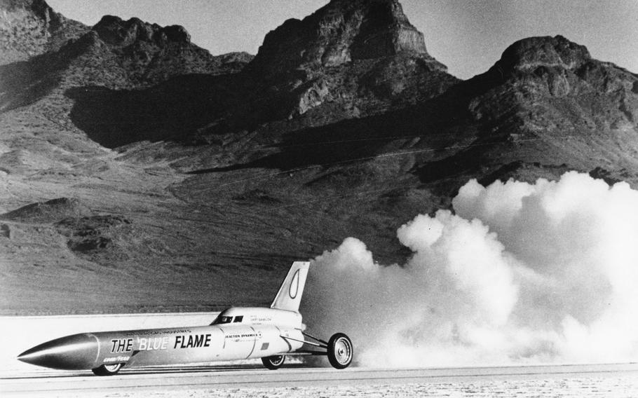 The Blue Flame performs a test run just before at Bonneville Salt Flats, Utah, on Nov. 4, 1970. The crust keeps tires cool at high speeds and provides an ideal surface for racing — unless seasonal flooding fails to recede or leaves behind an unstable layer of salt. 