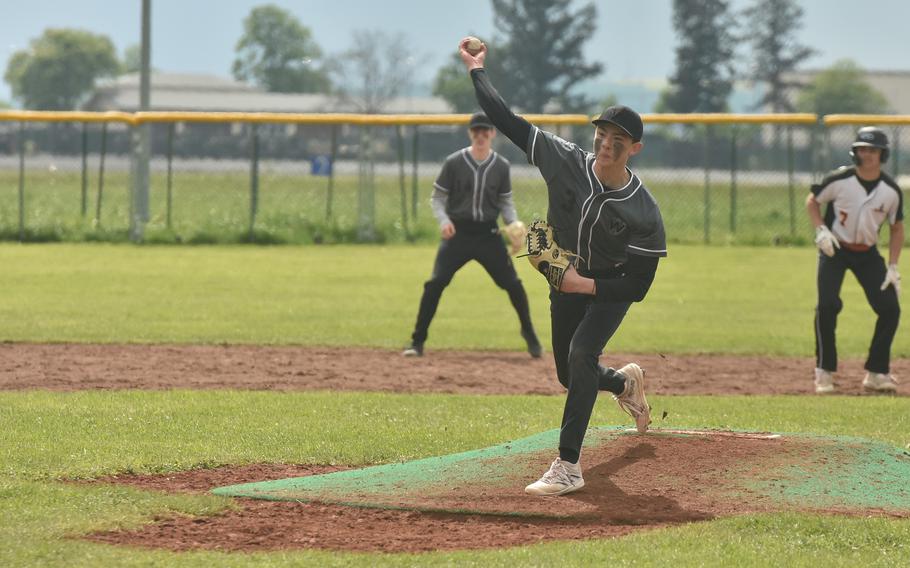 Wiesbaden junior Jack Lehr throws a pitch in Game Two of a doubleheader against Spangdahlem on April 20, 2024, in Wiesbaden, Germany.