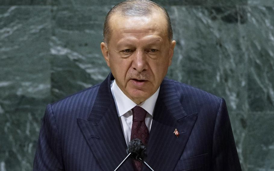 In this photo from September 21, 2021, Turkish President Tayyip Erdogan addresses the 76th Session of the U.N. General Assembly at U.N. headquarters in New York City. 