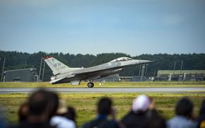 A U.S. Air Force F-16 Fighting Falcon lands during a public flight demostration at Misawa Air Base, Japan, Sept. 11, 2022.