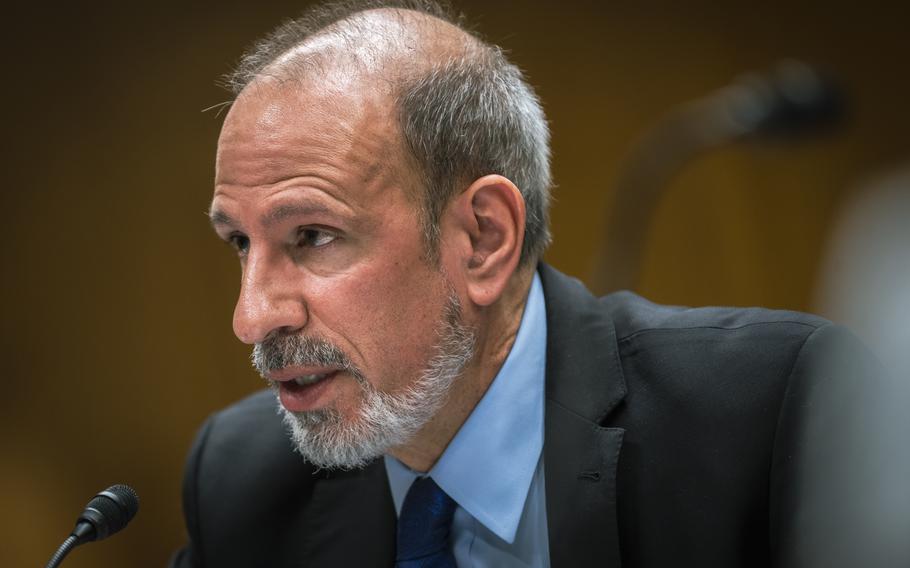 Michael McCord, comptroller for the Defense Department, pictured May 11, 2023, testifying at a hearing held by the Senate Appropriations Committee subpanel on defense. 