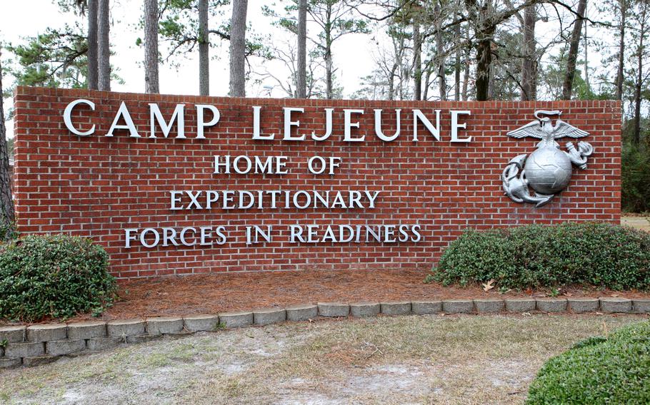 A welcome sign outside of the Holcomb Gate on Marine Corps Base Camp Lejeune, North Carolina.