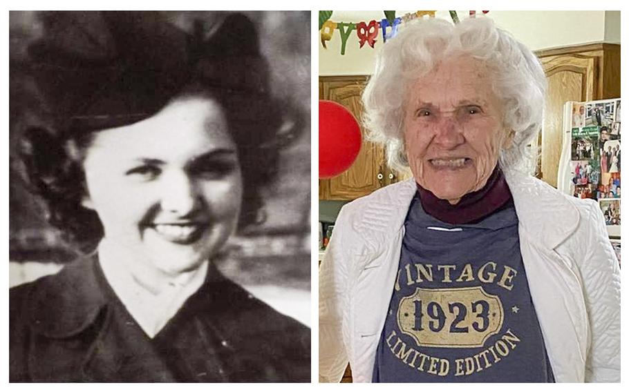 Merlaine “Mikki” Carpenter seen in her WWII-era WAVES uniform, left, and in a Feb. 25, 2023, posting.