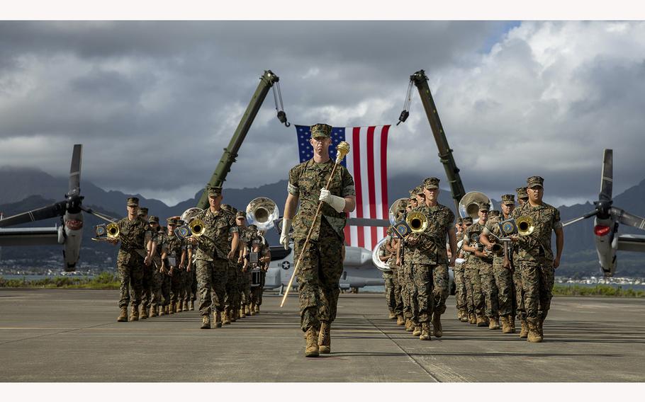 Members of the Marines Corps Forces, Pacific band participate in the MARFORPAC change of command ceremony on Marine Corps Air Station Kaneohe Bay, Marine Corps Base Hawaii, on Wednesday, Sept. 7, 2022, as Lt. Gen. Steven R. Rudder relinquished command to Lt. Gen. William M. Jurney. 