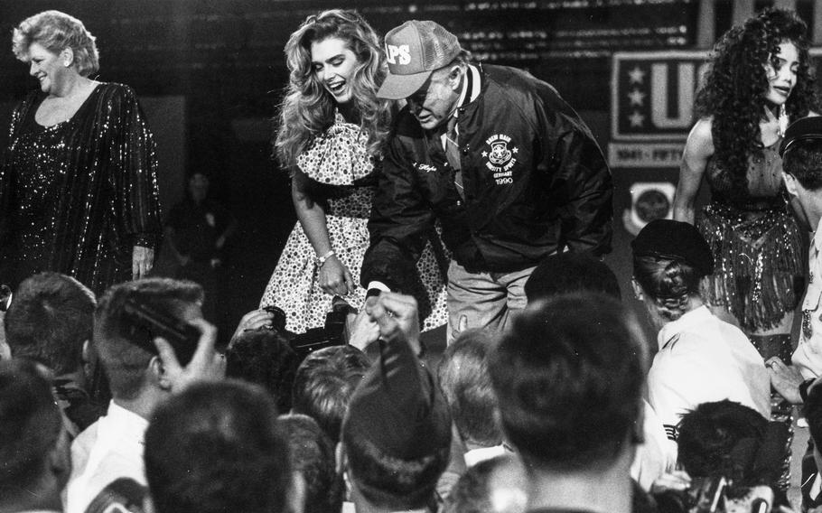 May, 1990: USO show stars Rosemary Clooney, Brooke Shields, Bob Hope and LaToya Jackson onstage at Rhein-Main AB.