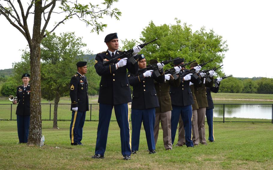 An honor guard performs a three-volley salute Monday, April 10, 2023, at Central Texas State Veterans Cemetery in Killeen, Texas, for the burial of Army Air Forces 2nd Lt. Wayne Dyer, who died during combat on May 29, 1944. Defense POW/MIA Accounting Agency identified Dyer’s remains in September.