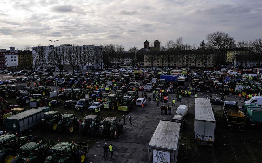 More than 530 tractors and trucks gathered in downtown Kaiserslautern, Germany, Jan. 8, 2024, to protest against the removal of diesel fuel subsidies.