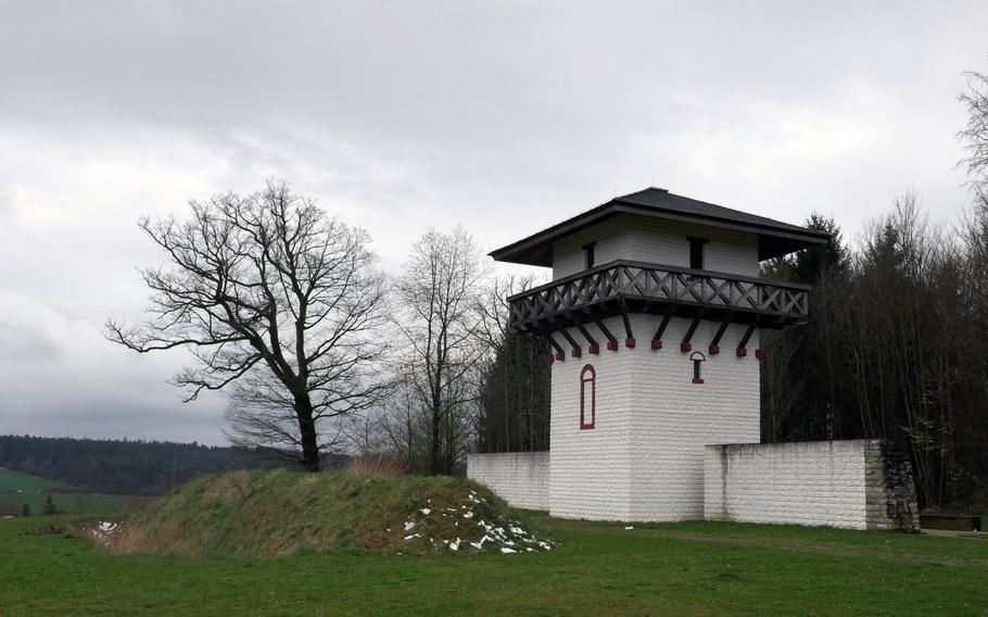 A reconstructed Limes watchtower stands on a hill near Osterburken, Germany. The Limes was the border of the Roman Empire from the early second century to A.D. 260. At first just a string of guard posts, over the decades it was strengthened with a wood palisade, a ditch and an earthen rampart to protect the Romans from Germanic tribes.