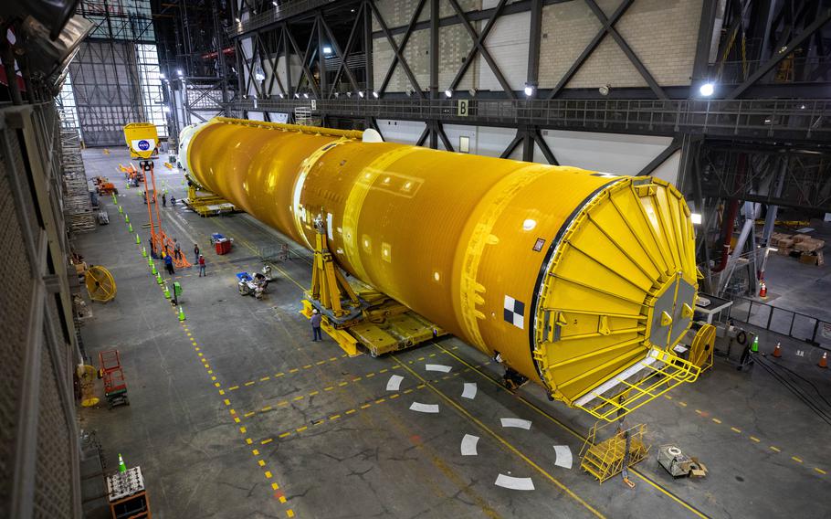 The Space Launch System core stage is seen in the transfer aisle of the Vehicle Assembly Building at NASA’s Kennedy Space Center in Florida on June 9, 2021. 