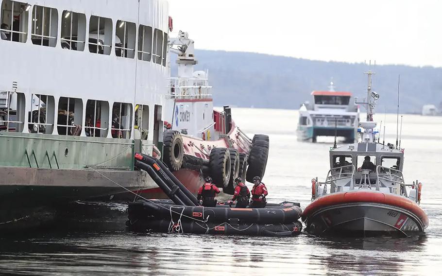 Coast Guard crews and vessels responded to the grounding of the Washington State Ferry Walla Walla in Rich Passage, on Saturday, April 15, 2023.
