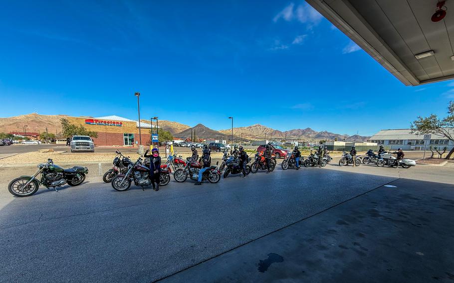 Motorcyclists gather for a group ride.