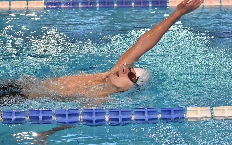 Eli Pancoast of the Stuttgart Piranhas swims the back stroke portion of a boys 400-meter individual medley heat Saturday, Nov. 26, 2022, at the European Forces Swim League Long Distance Championships in Lignano Sabbiadoro, Italy.