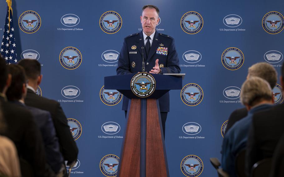 Air Force Brig. Gen. Pat Ryder, the Pentagon’s top spokesperson, conducts a news briefing at the Pentagon on April 24, 2023. 