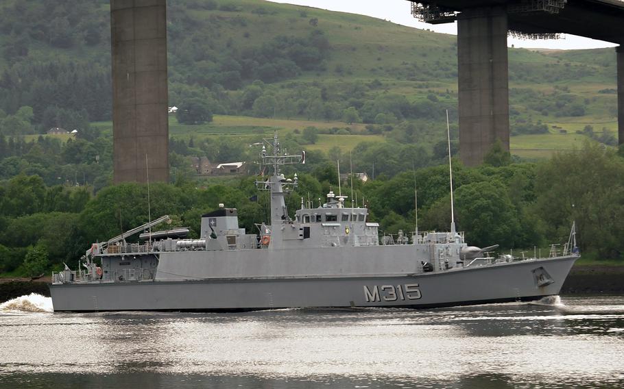The Estonian navy ship EMLUgand pulls into King George V Docks for the Sea Breeze 2024 exercise in Glasgow, Scotland, June 21, 2024. Sea Breeze is a joint mine countermeasure exercise that includes U.S., British and Ukrainian ships. 