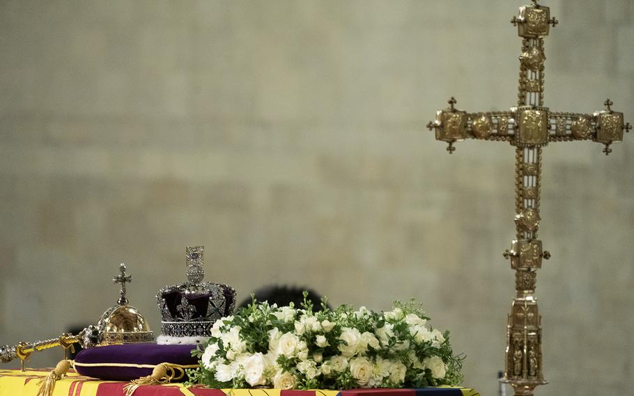 The coffin of Queen Elizabeth II as it lies in state inside Westminster Hall. 