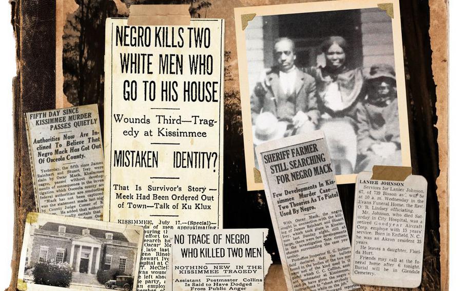 Photo illustration of newspaper clippings that ran in 1922 after Oscar Mack, a Black veteran of World War I, was confronted by members of the Ku Klux Klan in Kissimmee, Fla. Mack, pictured with his wife Adele Dorothy Keen, lived under the name Lanier Johnson after escaping from the attempted lynching.