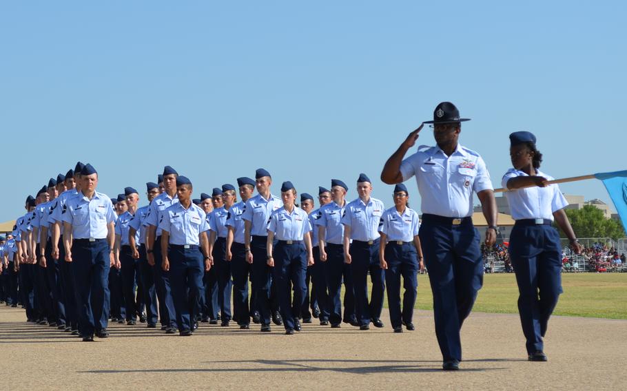 Space Force guardians march Thursday, June 23, 2022, during basic training graduation at Joint Base San Antonio-Lackland Air Force Base in Texas. 