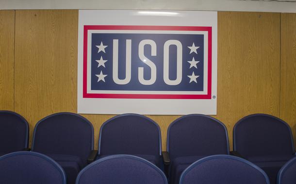 The miniature movie theater inside the new USO center aboard the aircraft carrier USS Ronald Reagan is pictured on April 17, 2024.