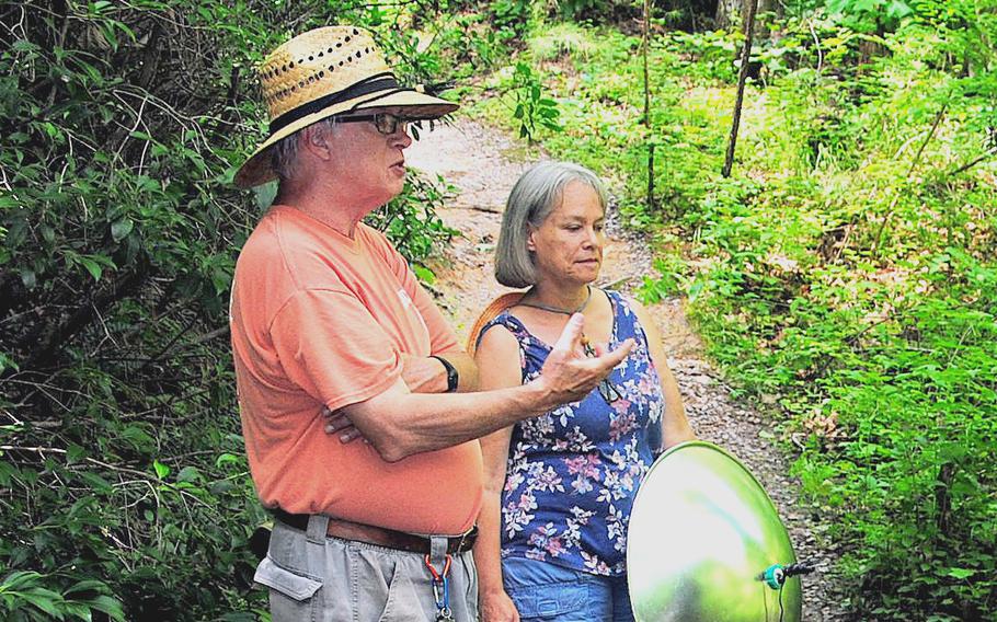 Kent and Connie Durin of Henrico County, Va., employed a dish antenna to record bird calls at Totopotomoy Creek battlefield park, Va., on Sunday, June 13, 2021. 