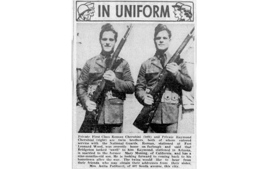A faded newspaper article shows photos of the Cherubini twins in uniform, holding rifles.