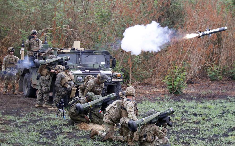 U.S. and Filipino troops take part in a Balikatan drill involving Javelin anti-tank missiles at Fort Magsaysay, Philippines, Thursday, April 13, 2023.