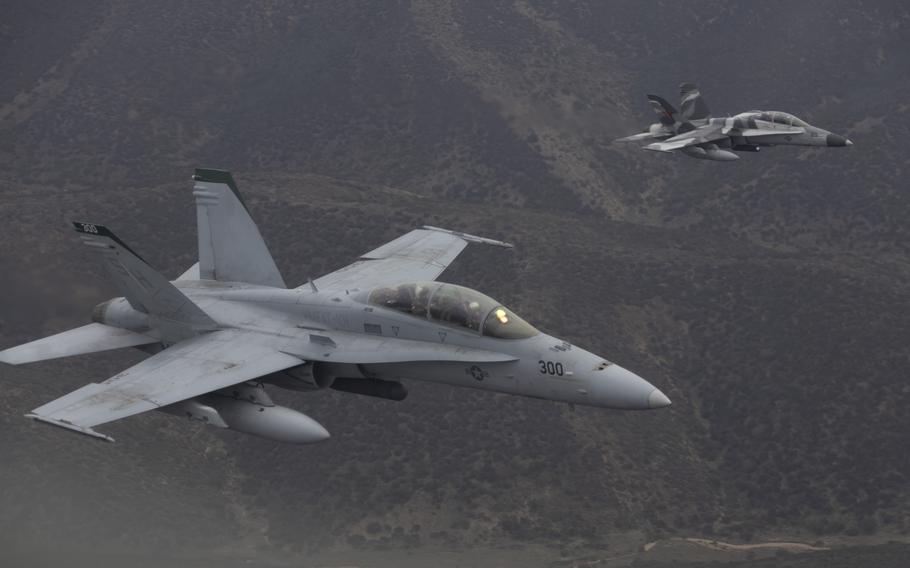 Marine Corps F/A-18 Hornets fly to Marine Corps Air Station Miramar, Calif., Sept. 21, 2023. 