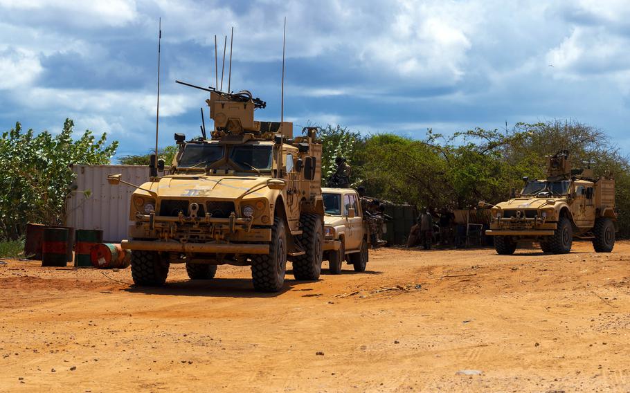 American forces practice convoy training with the Danab Brigade in Somalia in 2021. U.S. Africa Command said July 6, 2023, that no American troops were killed or injured when a convoy in Somalia hit an improvised explosive device earlier in the day.