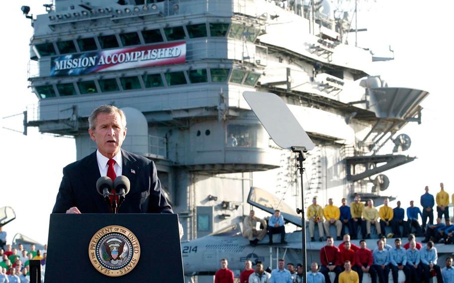 President George W. Bush addresses the nation aboard the nuclear aircraft carrier USS Abraham Lincoln on May 1, 2003. Bush declared major fighting over in Iraq, calling it “one victory in a war on terror” which he said would continue until terrorists are defeated. 