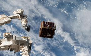 The NanoRacks-Remove Debris Satellite is released from the International Space Station (ISS) using the NanoRacks Kaber MicroSat Deployer on June 6, 2018. The satellite aims to reduce the risks presented by space debris. A large volume of debris — usually the result of a satellite explosion or collision — can pose risks to active satellites including those the Pentagon and intelligence agencies use for national security.
