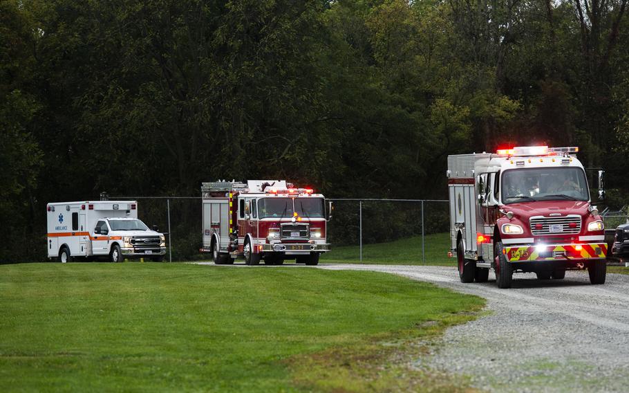 First responders arrive on scene at a simulated C-17 aircraft crash as part of a base exercise, at Wright-Patterson Air Force Base, Ohio. Readiness exercises are routinely held to streamline unit cohesion when responding to emergencies. 