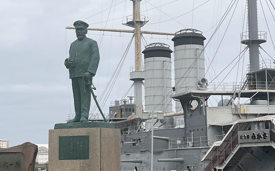 A statue of Adm. Togo Heihachiro, who rode the HMJMS Mikasa to victory in the Battle of Tsushima Strait, stands near the ship in Yokosuka, Japan.