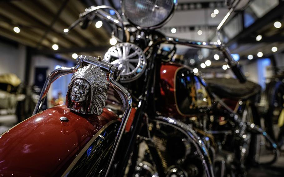 A native American chief's head crowns the front fender of a 1935 Indian Four motorcycle at the German Motorcycle Museum in Neckarsulm, Germany, Jan. 21, 2024. The American-made motorcycle on display has been in Germany since its manufacture and was one of the last of its kind to be imported to Germany before World War II.