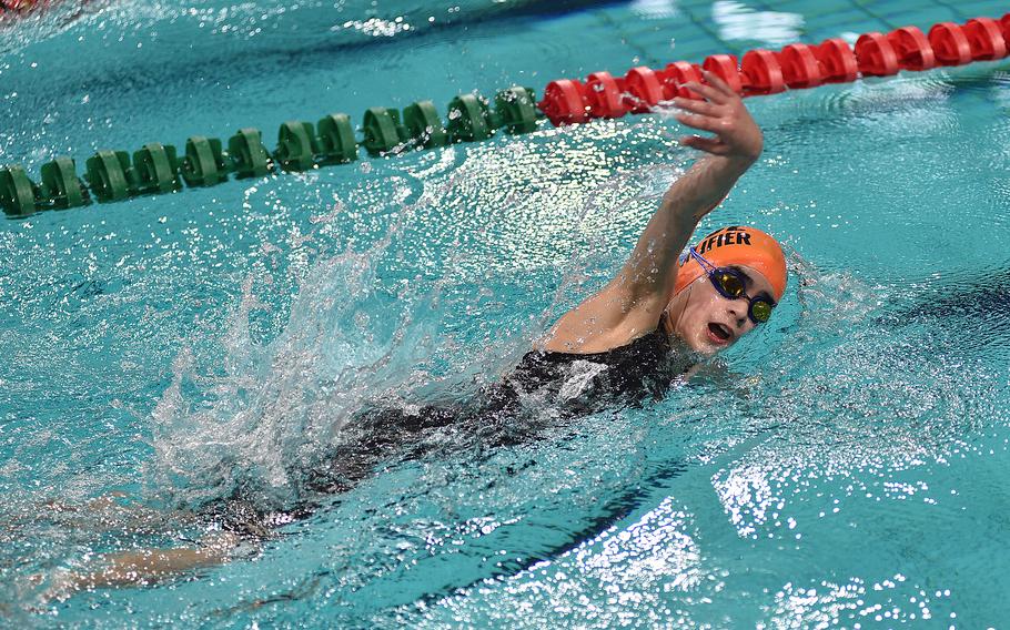 Brunssum Orca Selin Defne Karakas swims in the 11-year-old girls 200-meter freestyle during the European Forces Swim League Short-Distance Championships on Feb. 10, 2024,  at the Pieter van den Hoogenband Zwemstadion at the Nationaal Zwemcentrum de Tongelreep in Eindhoven, Netherlands.