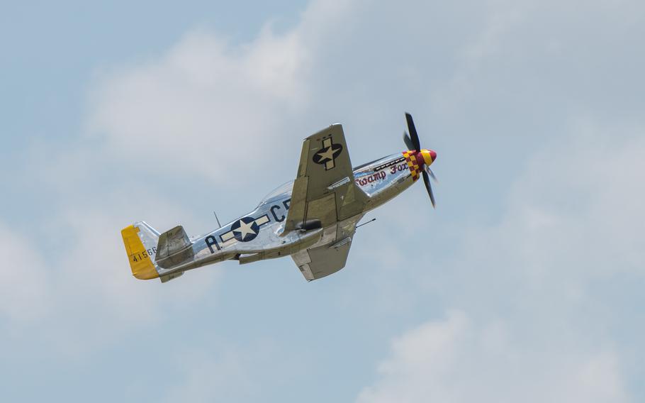 A P-51 Mustang performs an aerial demonstration during the Charleston Airshow at Joint Base Charleston, S.C., Saturday, April 20, 2024. The aircraft, nicknamed Swamp Fox, is now privately owned but once belonged to the active inventory of the Air National Guard following World War II.