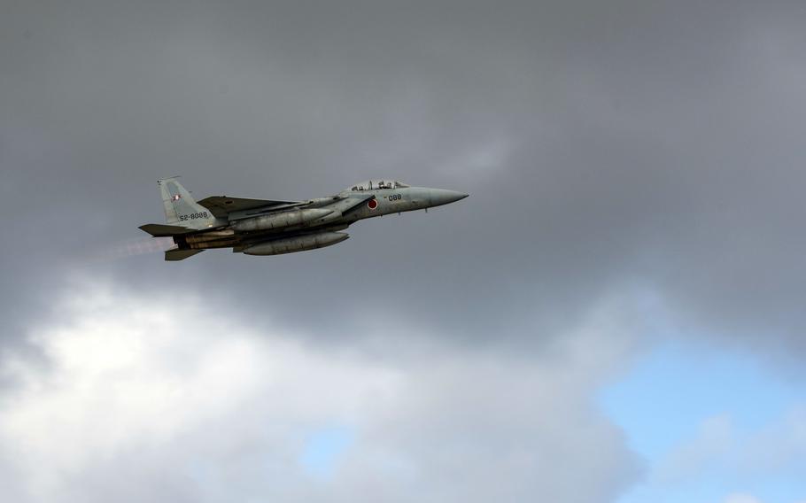 A Japan Air Self-Defense Force F-15 Eagle takes off from Andersen Air Force Base, Guam, Feb. 9, 2022.