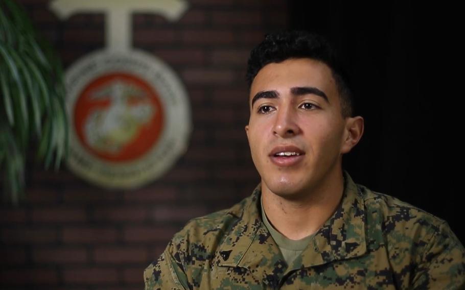 Marine Cpl. Giovanni Brunacini is credited with saving the life of a man who was badly wounded in a shooting in suburban San Diego on Nov. 17, 2021. Brunacini said his military medical training allowed him to administer the necessary first aid. 