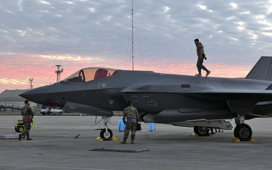 Aircraft maintenance specialists with the Wisconsin Air National Guard’s 115th Fighter Wing conduct post flight procedures during a Weapons System Evaluation Program exercise Feb. 13, 2024, at Tyndall Air Force Base, Fla. 