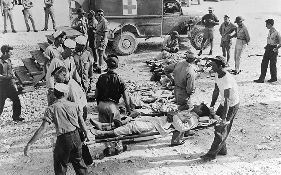 Survivors of the USS Indianapolis attack in Guam after being rescued in 1945. 