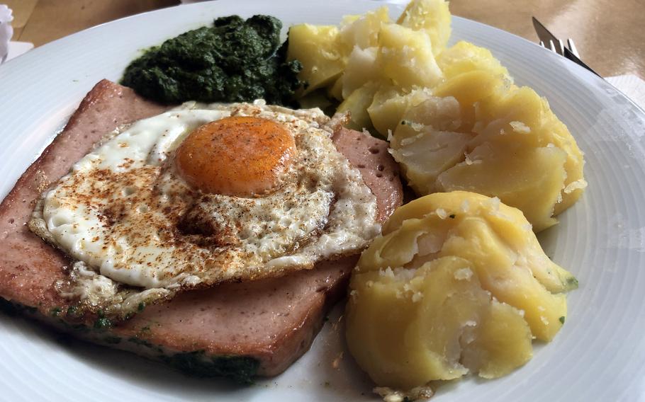 Fleischkaese was a daily special at the Wurst-Kuech in Kaiserslautern, Germany. The meat in the dish is similar to a slab of bologna.