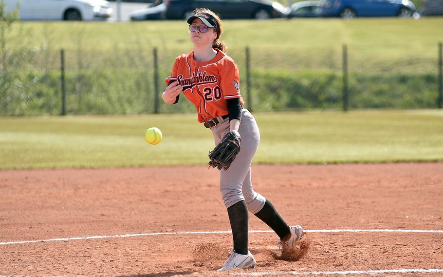 Sentinel pitcher Riley Lombardo throws to the plate during an April 27, 2024, game against Sigonella at Spangdahlem High School in Spangdahlem, Germany.