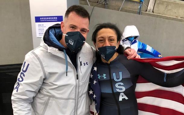 Army Capt. Michael Kohn, head coach of the U.S. Olympic bobsled team, poses in this undated photo with monobob silver medalist Elana Meyers Taylor in Beijing. 