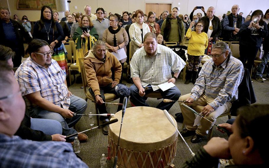 Cheyenne and Arapaho singers pray for Mount Blue Sky during a ceremony at History Colorado Center in Denver on Friday, March 17, 2023. 