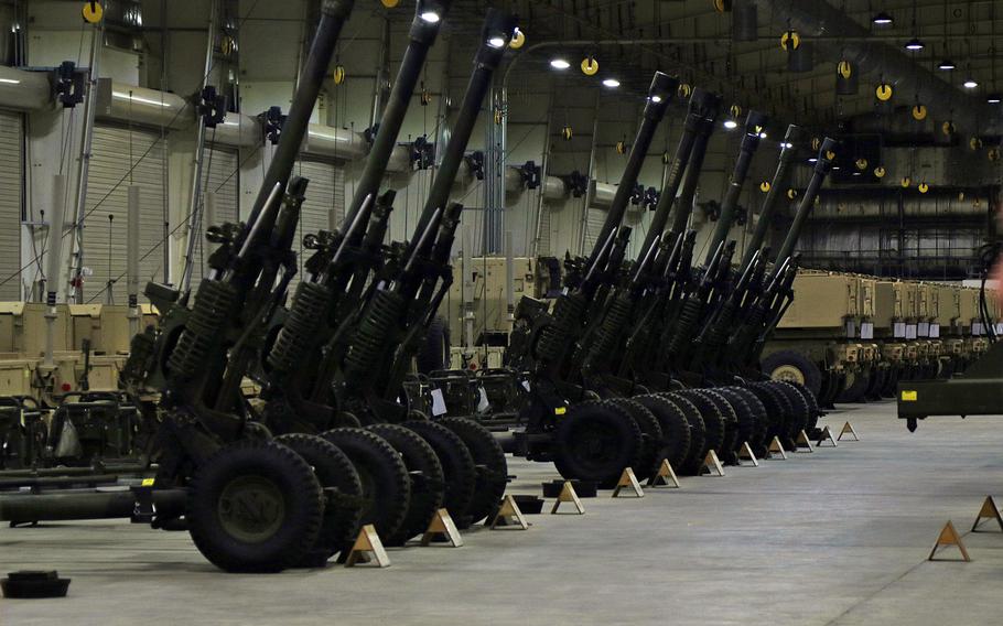 Pre-positioned stock sits in a warehouse at Camp Arifjan, Kuwait, in 2022. The 401st Army Field Support Battalion-Kuwait inadequately supervised a contractor responsible for maintaining military equipment that had been designated for shipment to Ukraine, according to a Defense Department Inspector General report released May 23, 2023.