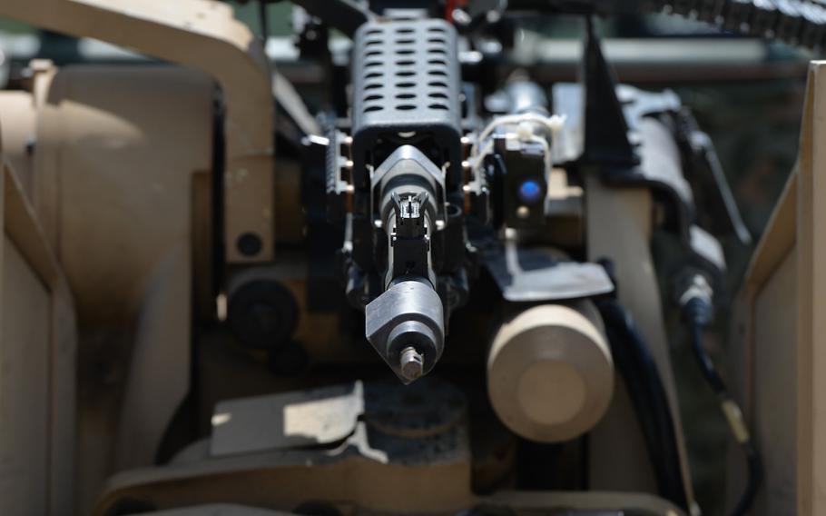 An M-240 machine gun is mounted atop a Project Origin robotic combat vehicle at the Joint Multinational Readiness Center in Hohenfels, Germany, June 8, 2022. The vehicle's modular design allows to be equipped with various tools and weapon systems.