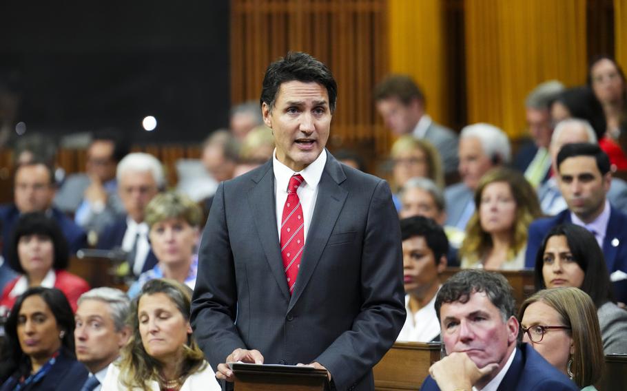 Canada Prime Minister Justin Trudeau delivers a statement in the House of Commons on Parliament Hill in Ottawa, Ontario, on Monday, Sept. 18, 2023. 