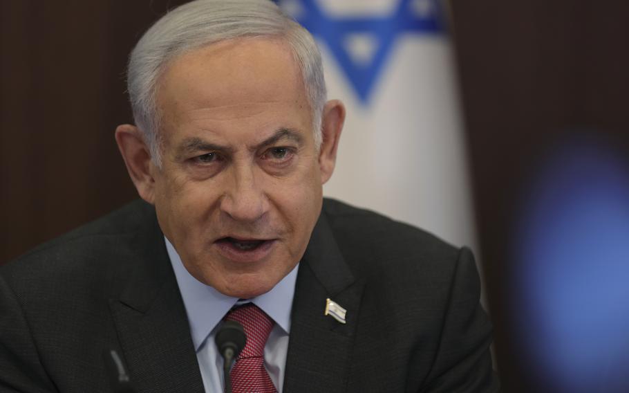 Israeli Prime Minister Benjamin Netanyahu attends the weekly cabinet meeting at the prime minister’s office in Jerusalem, Sunday, March 19, 2023.